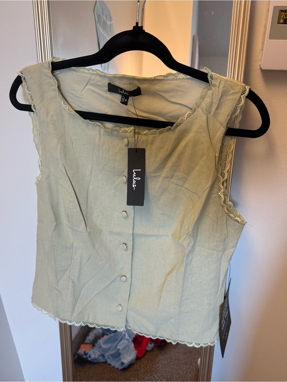 Lulu's Light Sage Green Lace-Trim Button Tank